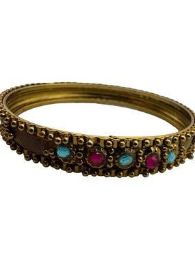 Vintage Gold Tone Indian Style Bangle Bracelet Set Pink Blue Rhinestone‎ 2.4”